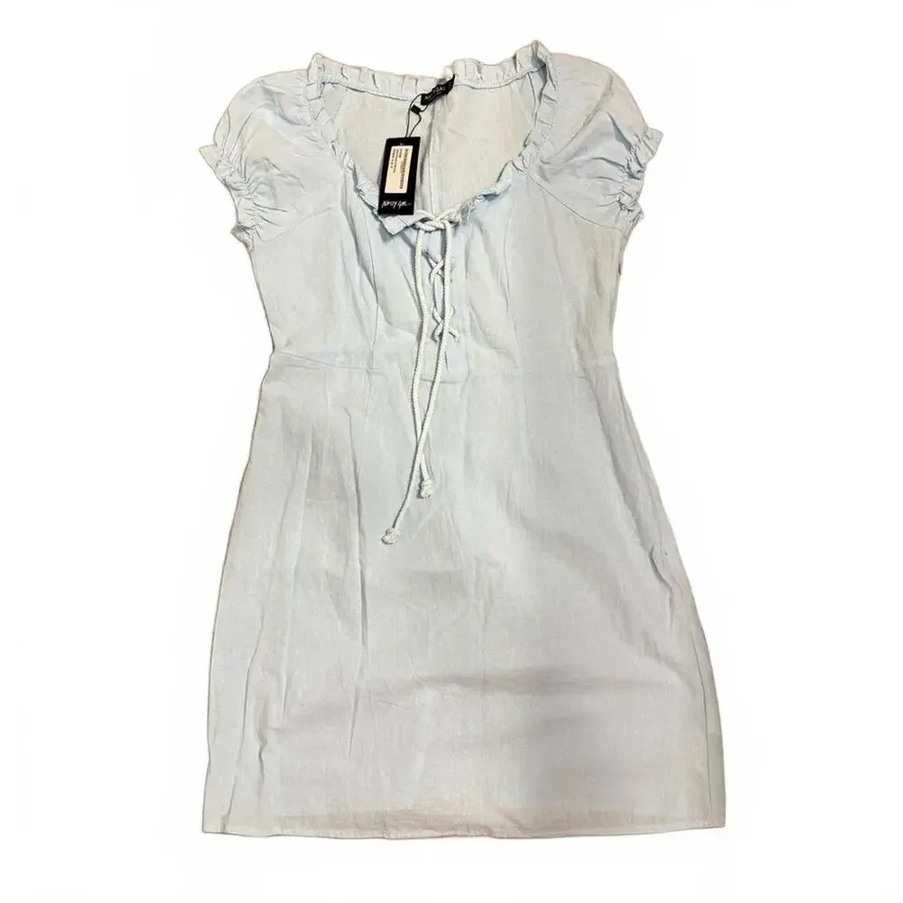 {SOLD} NWT Nasty Gal Light Blue Linen Lace Up Mini Dress- Size 8 - Picture 2 of 9